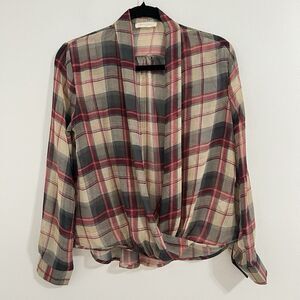 Sophie Rue Plaid Sheer Blouse Size M Red Beige Layer Cottage Core Long Sleeve